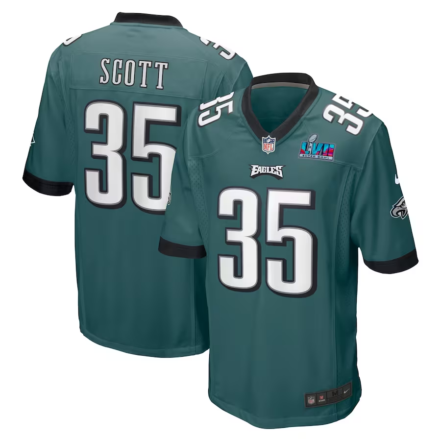 Men's Philadelphia Eagles Boston Scott #35 Midnight Green Super Bowl LVII Patch Jersey